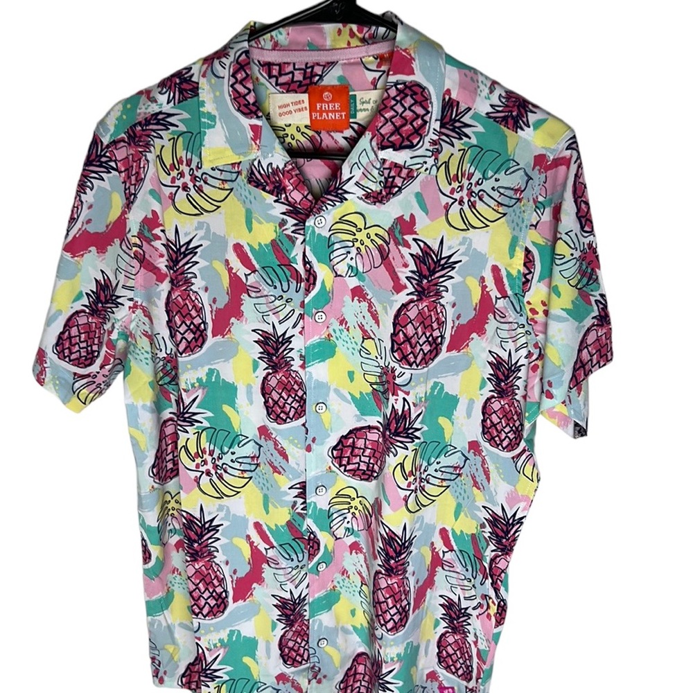 Free Planet Tropical Pineapple Button Up Shirt Mens Size M